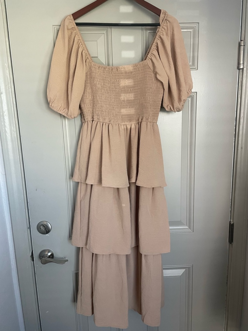 Pinkblush Mocha Smocked Body Ruffled Tiered Midi (Maternity) Dress